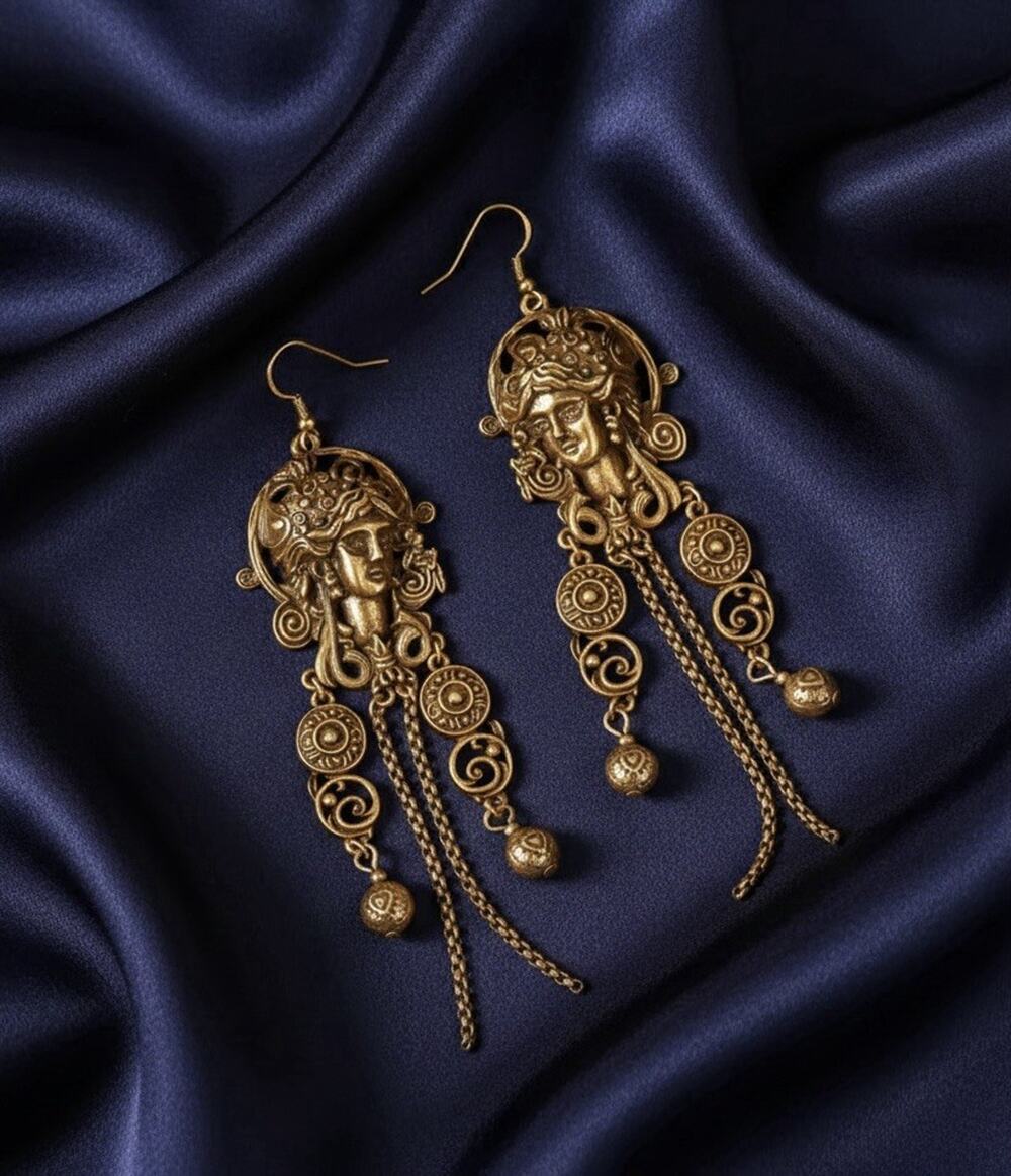 Goddess Medieval Museum Medusa Earrings Face Coin Antique Ancient Greek VTG Gold